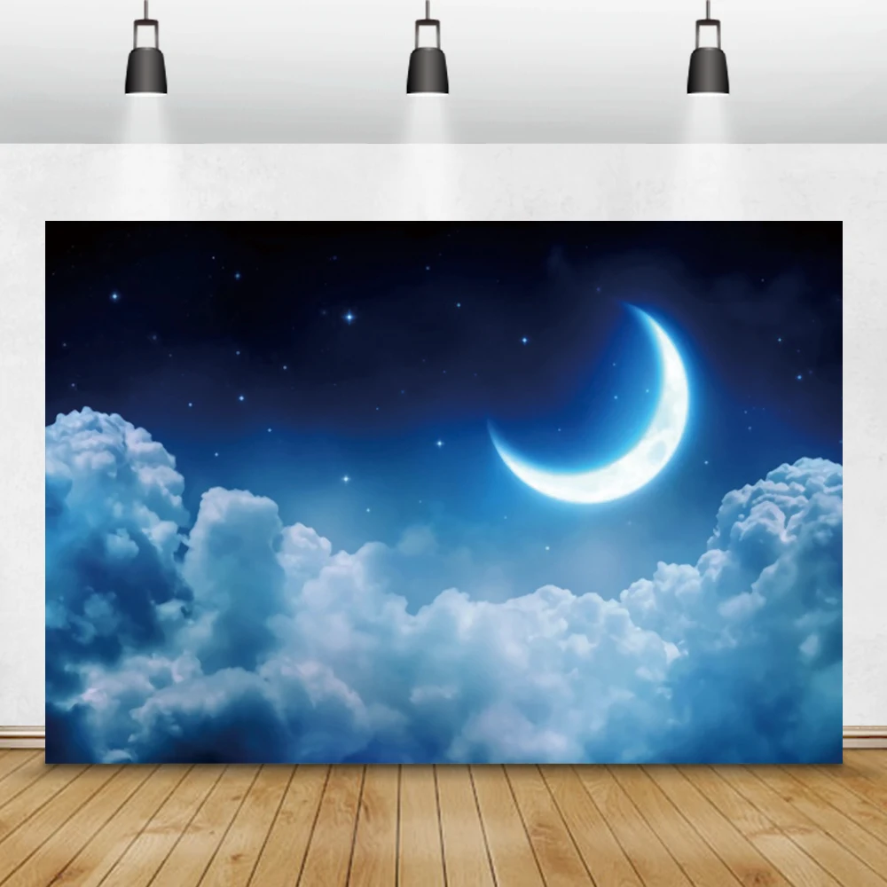 

Laeacco Night Scenic Dark Blue Sky Clouds Star Moon Photography Background Room Decor Photo Backdrop Photocall For Photo Studio