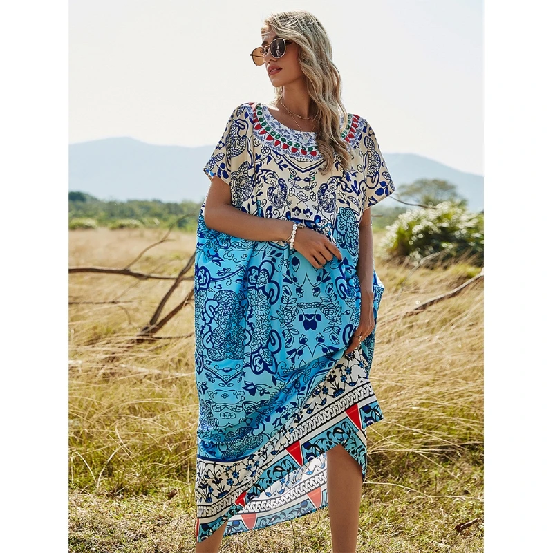 L5YC Women Boho Oversized Tunic Dress Floral Leaves Print Long Kaftan O-Neck Batwing Short Sleeve Kimono Gown Beach Dress
L5YC Women Boho Oversized Tunic Dress Floral Leaves Print Long Kaftan O-Neck Batwing Short Sleeve Kimono Gown Beach Dress