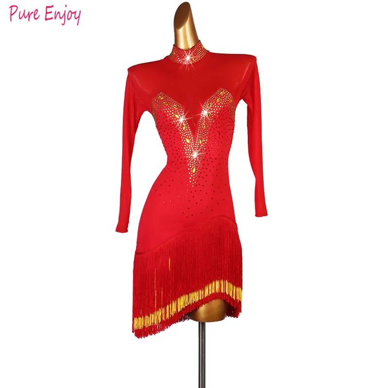 Красное латинское платье для девочек Роскошная бальная одежда латинских танцев