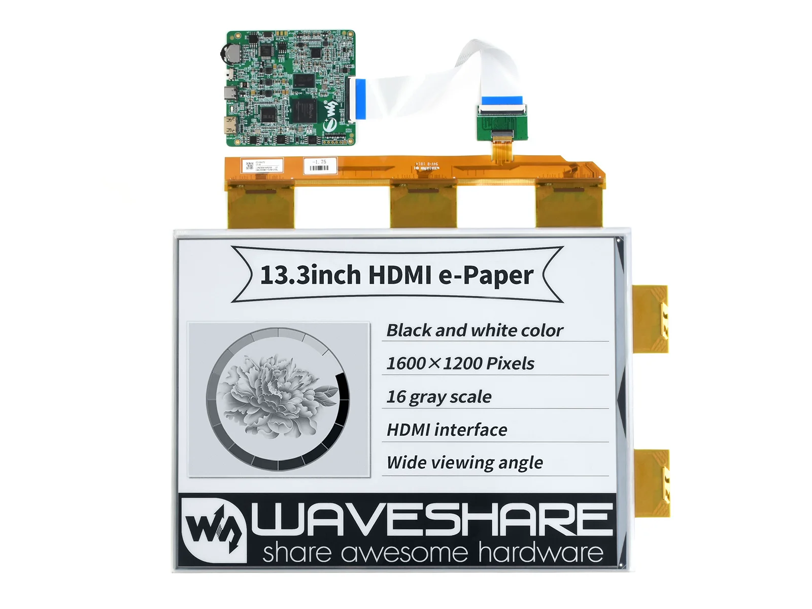 13.3nch E-Paper E-Ink Display, HDMI Display Interface, EU Version, 1600×1200 Pixels, Supports Raspberry Pi/Jetson Nano/PC
13.3nch E-Paper E-Ink Display, HDMI Display Interface, EU Version, 1600×1200 Pixels, Supports Raspberry Pi/Jetson Nano/PC
