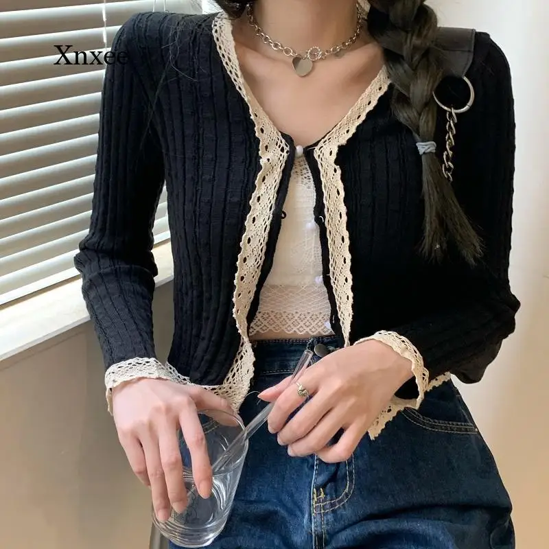 

V-Neck Lace Knitted Top Patched Short Sweaters Cardigans Lady Thin Shirt Full Sleeve Slim Stretchy Crop Tops for Female Clothing