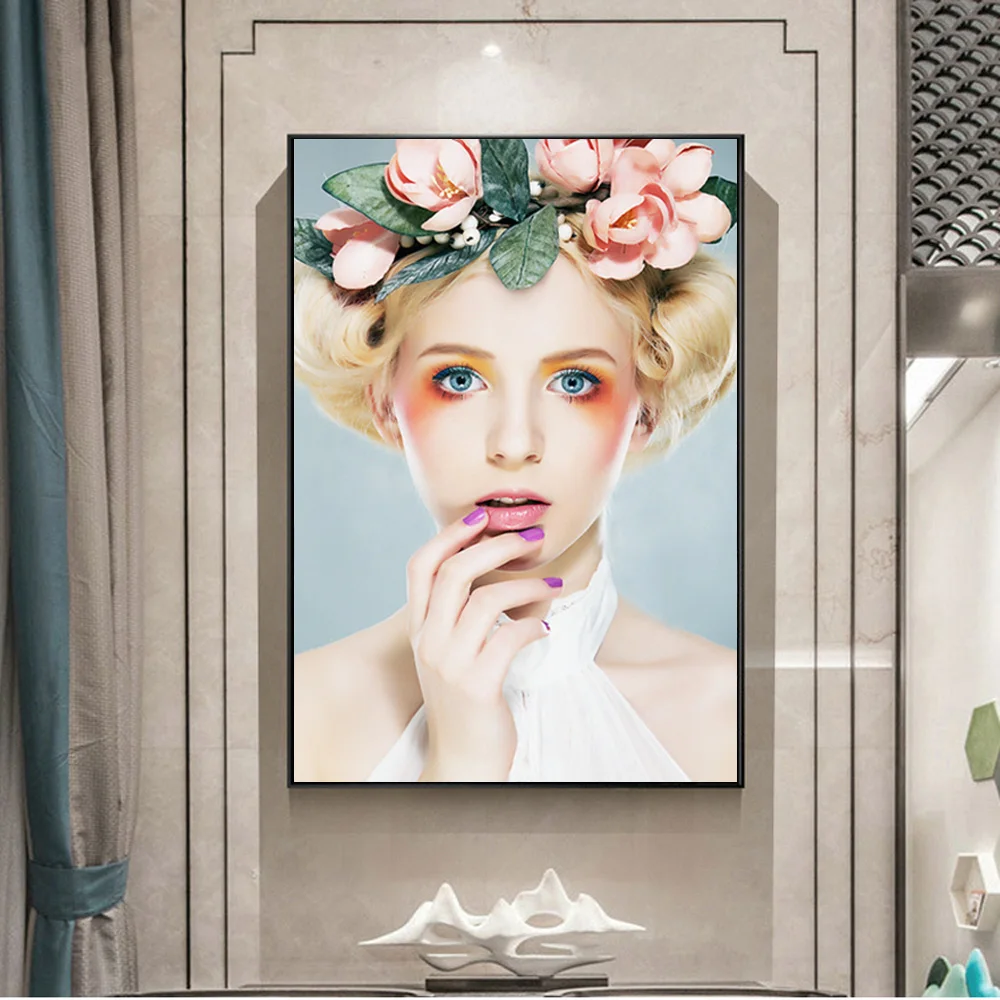 Nordic Розовые цветы Красивая девушка плакат фотографии Wall Art мультфильм изысканный