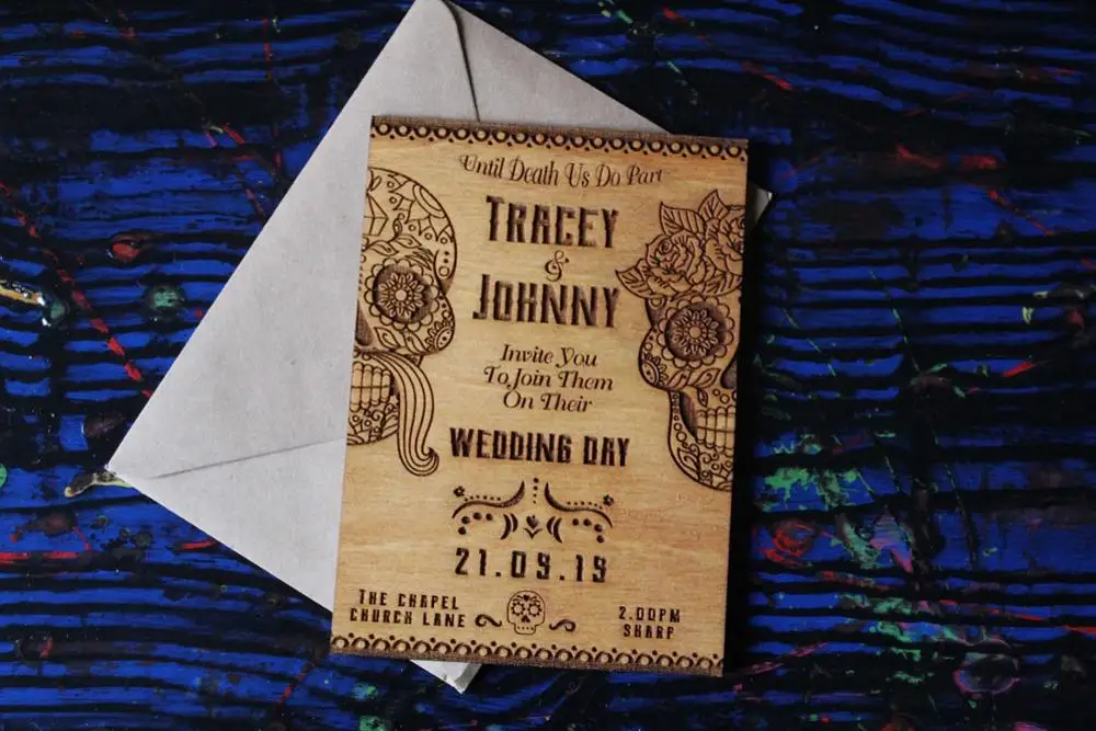 wedding invitations Custom Wood Pyrography Wood Burned sugar skulls Laser Rustic invites Día de Muertos
wedding invitations Custom Wood Pyrography Wood Burned sugar skulls Laser Rustic invites Día de Muertos
