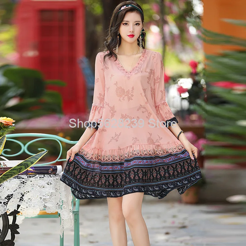 Printing Mulberry Silk Skirt 2020 Vacation V Collar Loose Big Code Seven Points Sleeve Silk Dress
Printing Mulberry Silk Skirt 2020 Vacation V Collar Loose Big Code Seven Points Sleeve Silk Dress
