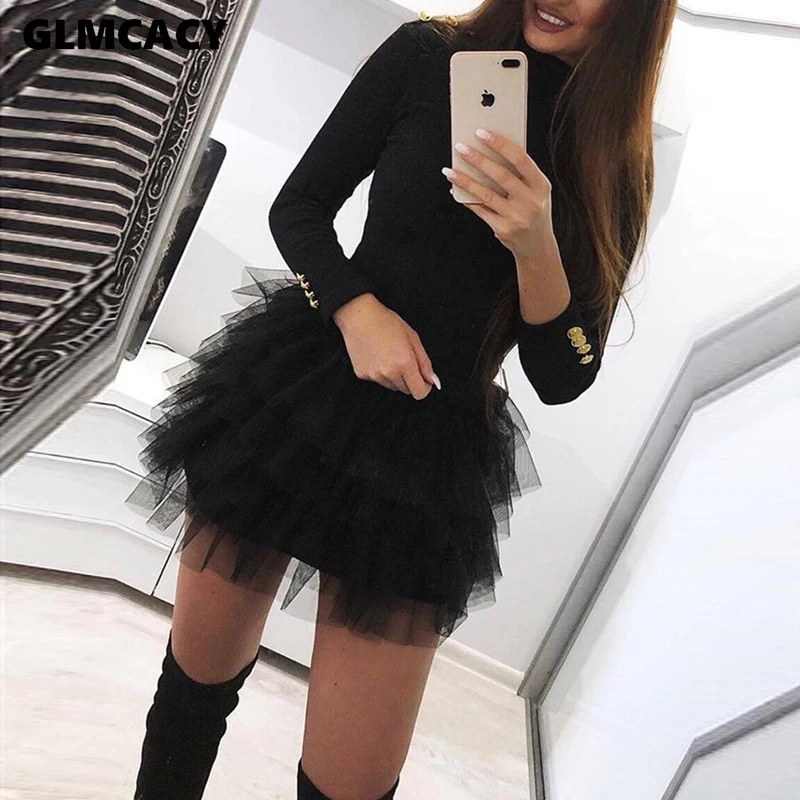 

Women Solid Black Mesh Insert Spliced Mini Dress Buttoned Long Sleeve Sexy Party Club Dress