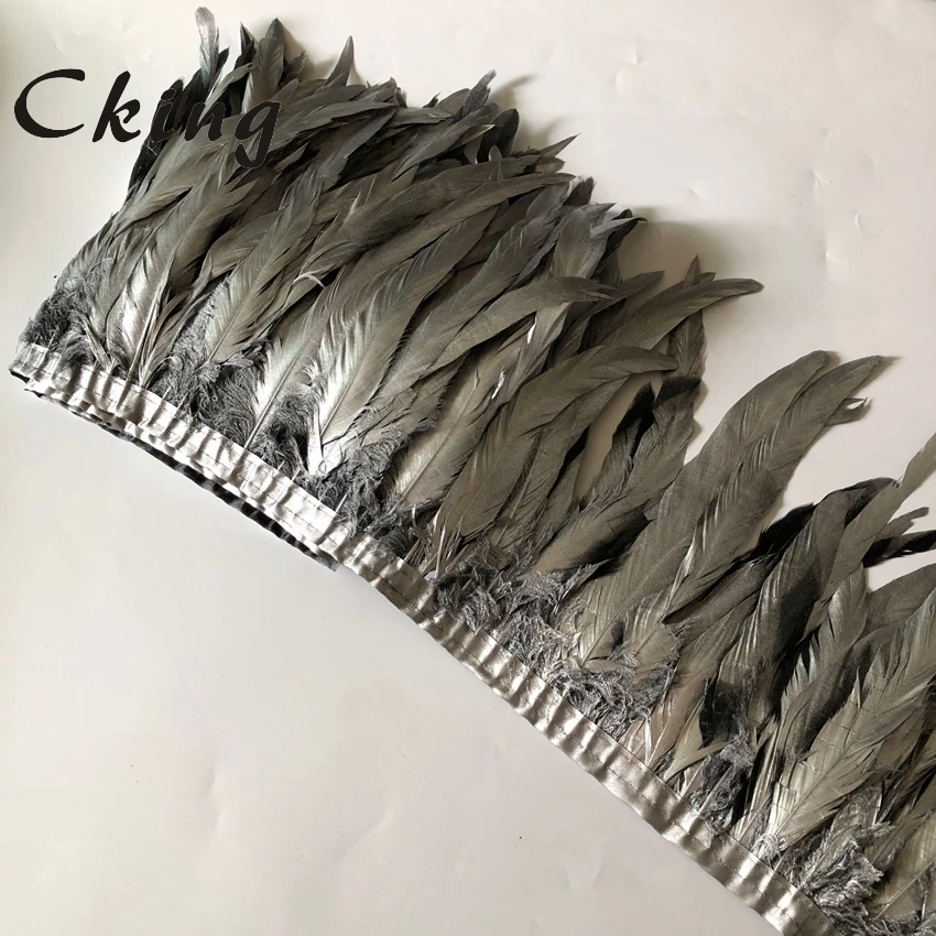 

15-20cm 6-8Inches Chicken Feather Trims Pack Of 2 Meters Silver Paint Spray Coque Feathers Fringes Sewing On Ribbon Natural Lace