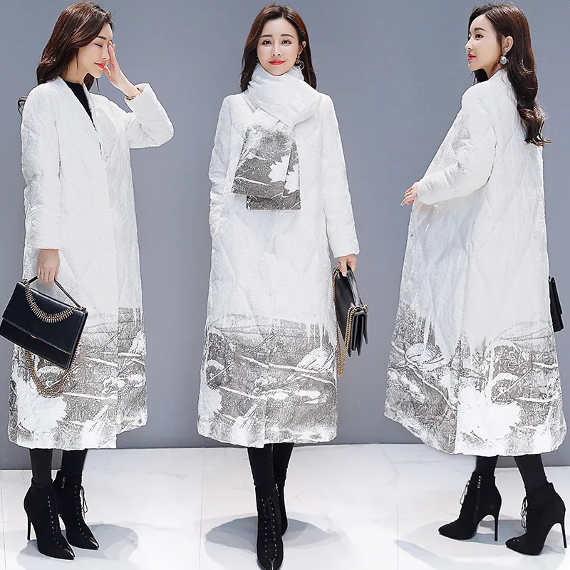 2018 Winter New Style Large Size Ink Printed Mid-length down Jacket Cotton-padded Clothes Women's Thick Big Hemline Scarf Collar
2018 Winter New Style Large Size Ink Printed Mid-length down Jacket Cotton-padded Clothes Women's Thick Big Hemline Scarf Collar