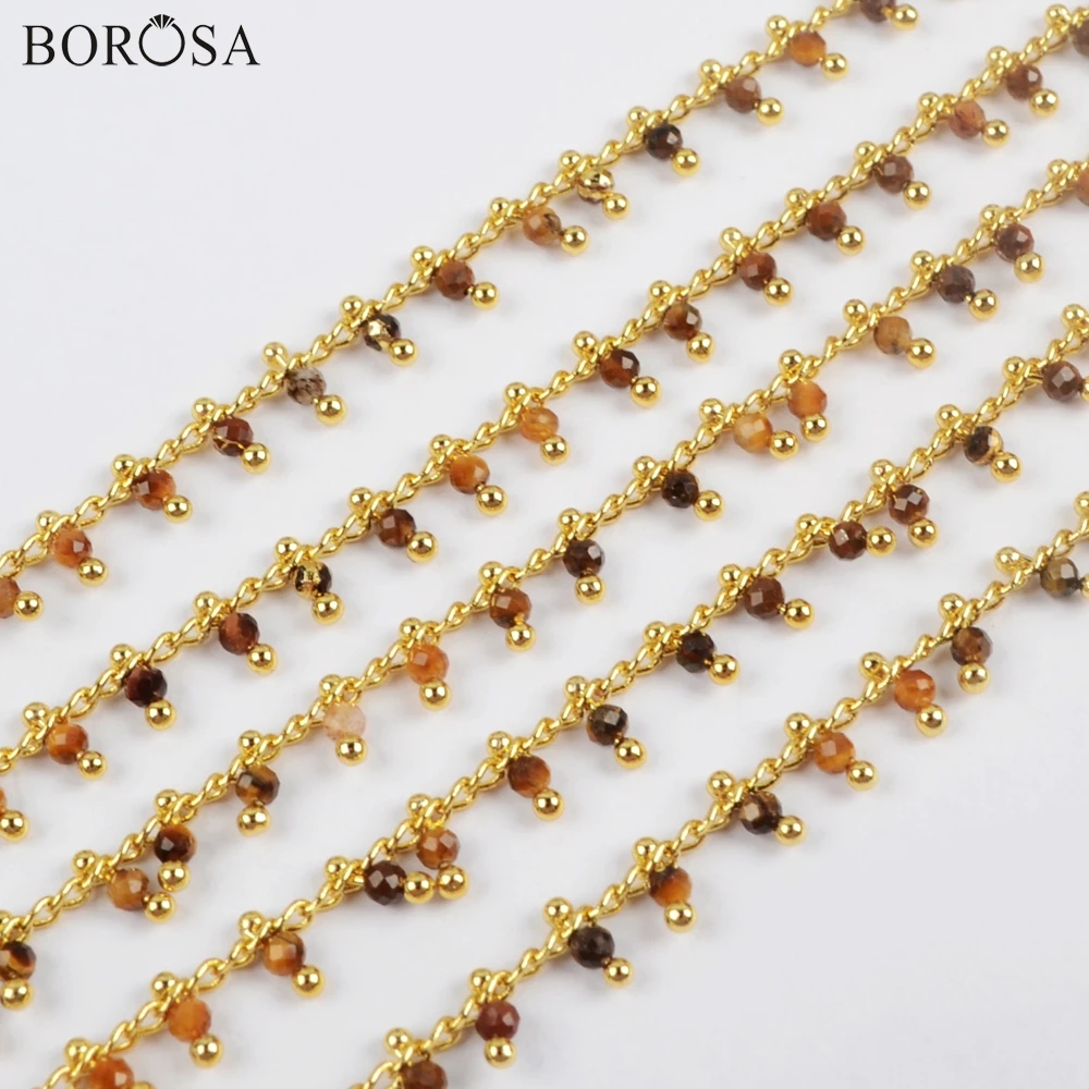 

BOROSA 3Meters Fashion 2mm Tiger's Eye Beads Faceted Chains Natural Gems Stone Beads Brass Chains in Gold Plating JT261