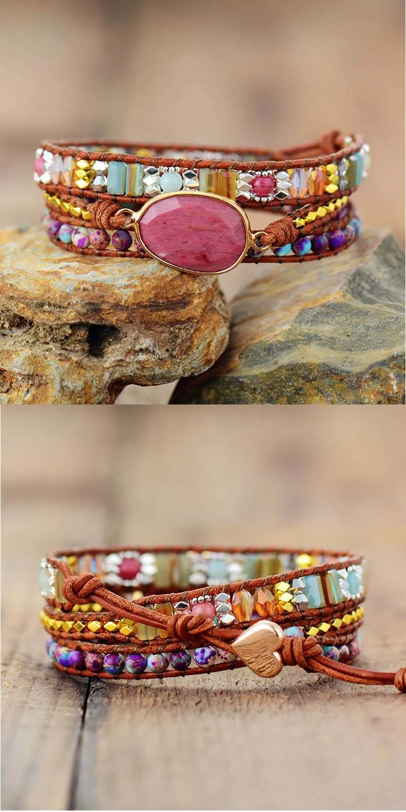 Leather Wrap Bracelet W/ Stones Multi Color Natural Beads 