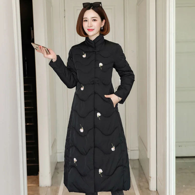 Cotton Coat Women's Mid-length Embroidery Ethnic-Style over-the-Knee down Feather Cotton-padded Jacket Slim Fit Slimming Thick C
Cotton Coat Women's Mid-length Embroidery Ethnic-Style over-the-Knee down Feather Cotton-padded Jacket Slim Fit Slimming Thick C
