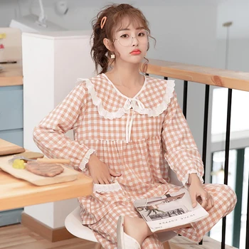 Female Long-Sleeved Lapel Plaid Korean Cute Sweet Suit Thin Section Cotton And Linen Nighties Spring Summer Cotton Pajamas 
Female Long-Sleeved Lapel Plaid Korean Cute Sweet Suit Thin Section Cotton And Linen Nighties Spring Summer Cotton Pajamas