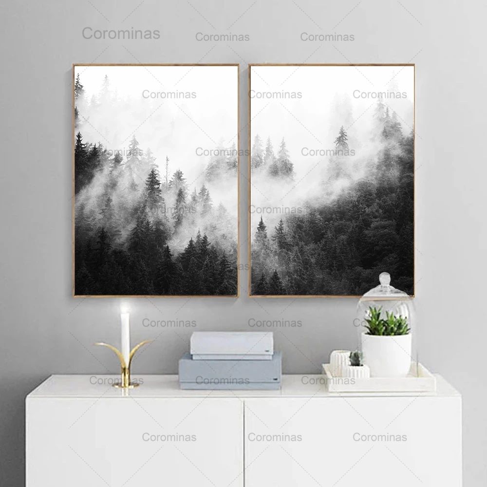 

Fog Forest Landscape Canvas Painting Wall Art HD Posters and Prints Black White Scandinavian Pictures for Living Room Decoration
