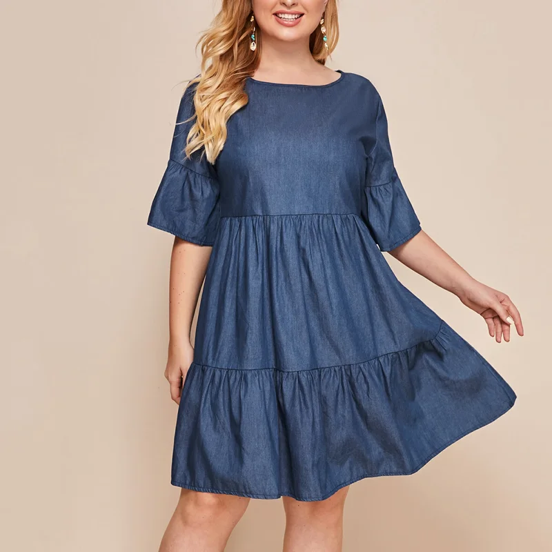 2XL to 8XL Plus Size Loose Summer Dress Thin A-line Mid-length Denim Dress O-neck Flare Sleeve Mini Women Dresses T2120
2XL to 8XL Plus Size Loose Summer Dress Thin A-line Mid-length Denim Dress O-neck Flare Sleeve Mini Women Dresses T2120