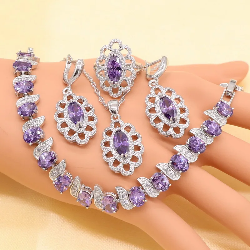 Silver Color 925 Jewelry Sets For Women Purple Cubic Zirconia Earring Bracelet Ring Necklace Pendant Free Gift Box
Silver Color 925 Jewelry Sets For Women Purple Cubic Zirconia Earring Bracelet Ring Necklace Pendant Free Gift Box