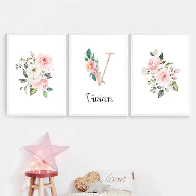 

Baby Girl Personalized Gift Print Nursery Decor Custom Girl's Name Sign Poster Blush Pink Floral Wall Art Canvas Painting Decor