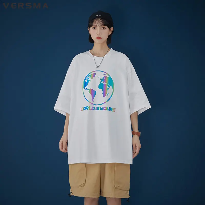 

VERSMA в Корейском стиле для девочек; Корейский карта мира светоотражающий принт футболка Для мужчин хип-хоп Уличная в готическом стиле, унисекс футболка Для мужчин Для женщин Для мужчин 5XL дропшиппинг