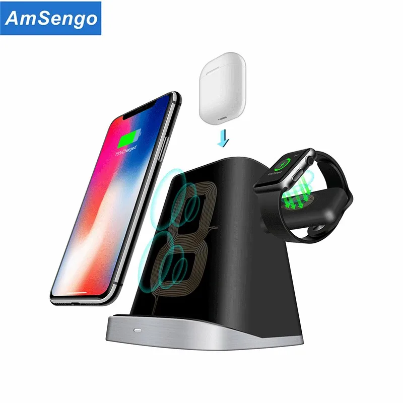 Беспроводное зарядное устройство Qi 3 в 1 для iPhone 12 mini XR Подставка Apple watch и Airpods 2 Pro
