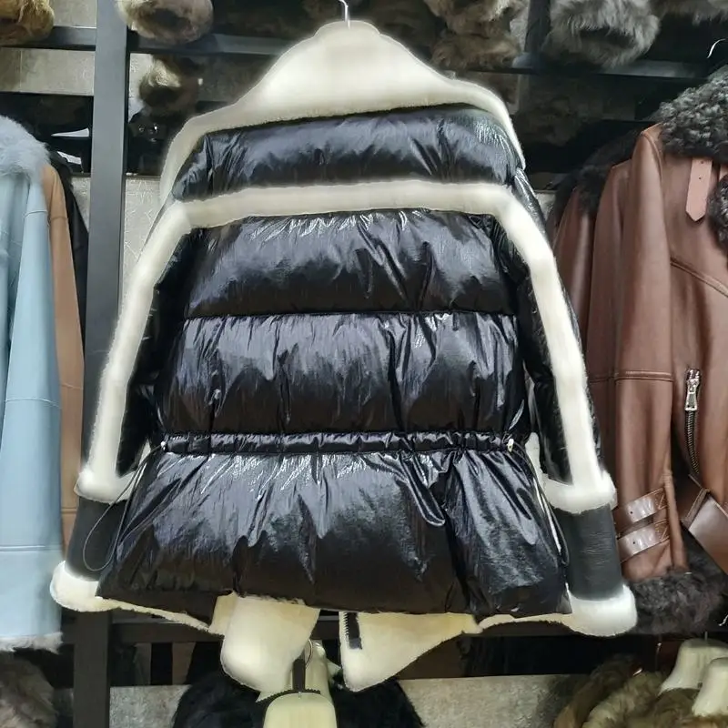 Winter Women Coat Genuine Sheepskin Leather Sheep Fur Duck Down Coat Female Jackets Silver Color Loose Size Turn Down Collar (10)
