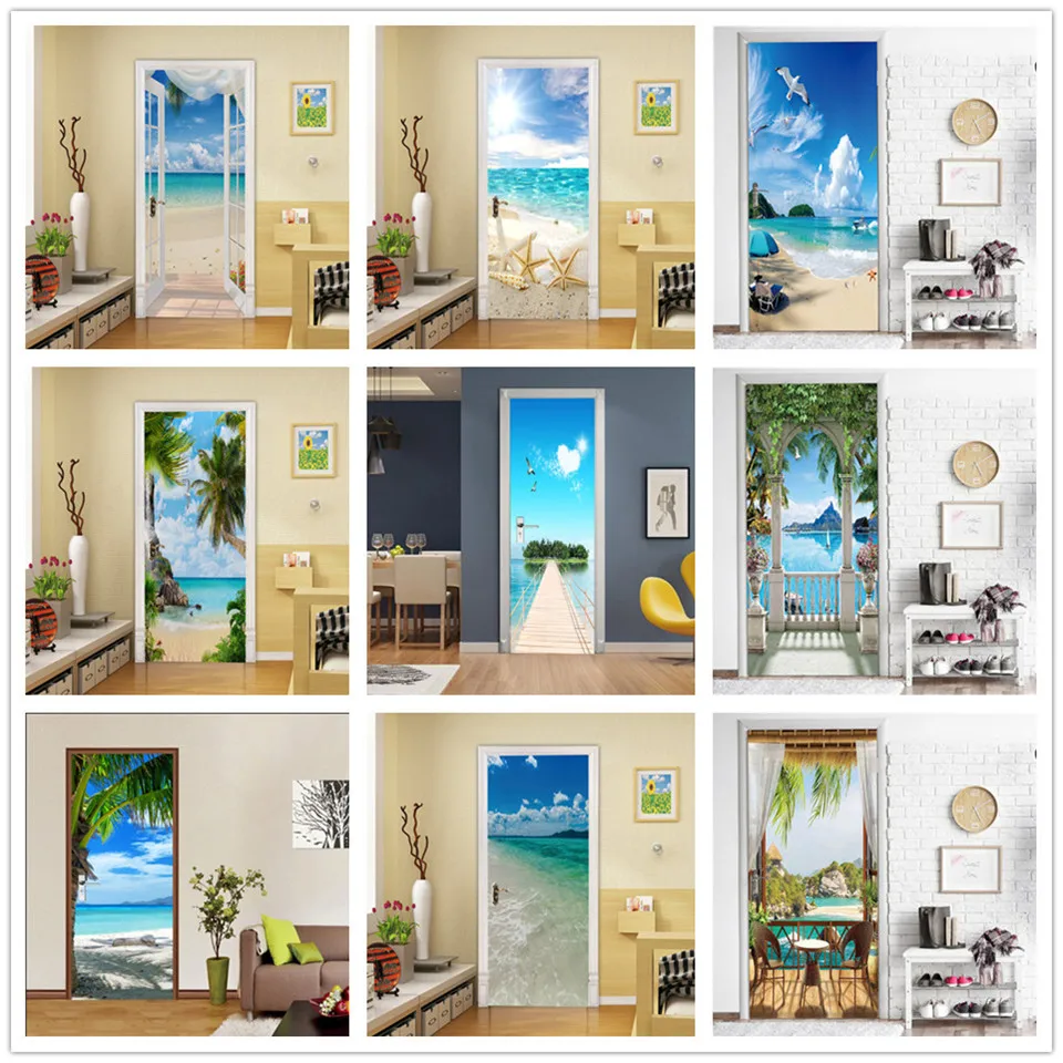 Beach Sun Self-adhesive Door Wallpaper 3D PVC Home Design Decoration Sticker Porte Scenery Poster Mural Wall Decals deursticker | Дом и сад