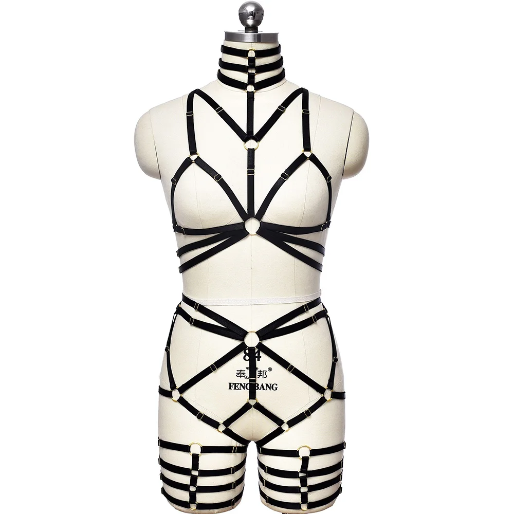 

Sexy Hollow Bondage Elastic Belt Lingerie Set Rave Wear Body Harness Cage Goth Crop Top Bra High Waist Stockings Garter