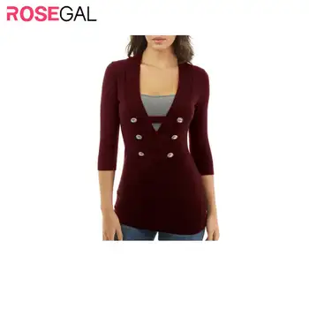 

ROSEGAL Autumn Women Mock Button Contrast Three Quarter Sleeves Knitwear V-Neck Patchwork Button Pullvoers Colorblock Knitwear