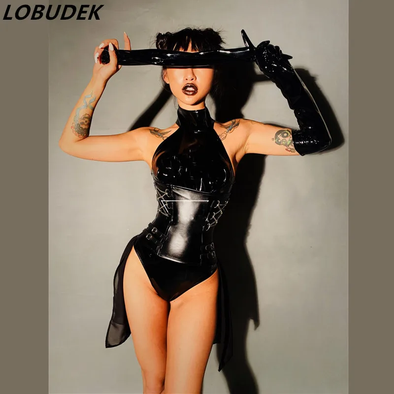 black PU Leather bodysuit style female Soldier singer DJ DS Costume Sexy Bar nightclub jazz Dance stage wear outfits party | Тематическая
