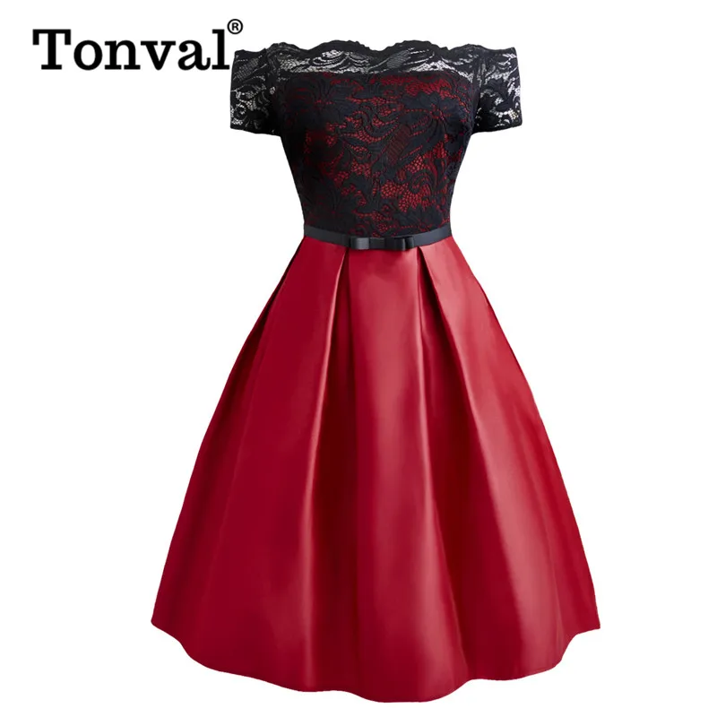 

Tonval Vintage Floral Lace Overlay Off the Shoulder Women Party Dress Scallop Trim Slash Neck Pleated Burgundy Retro Dresses
