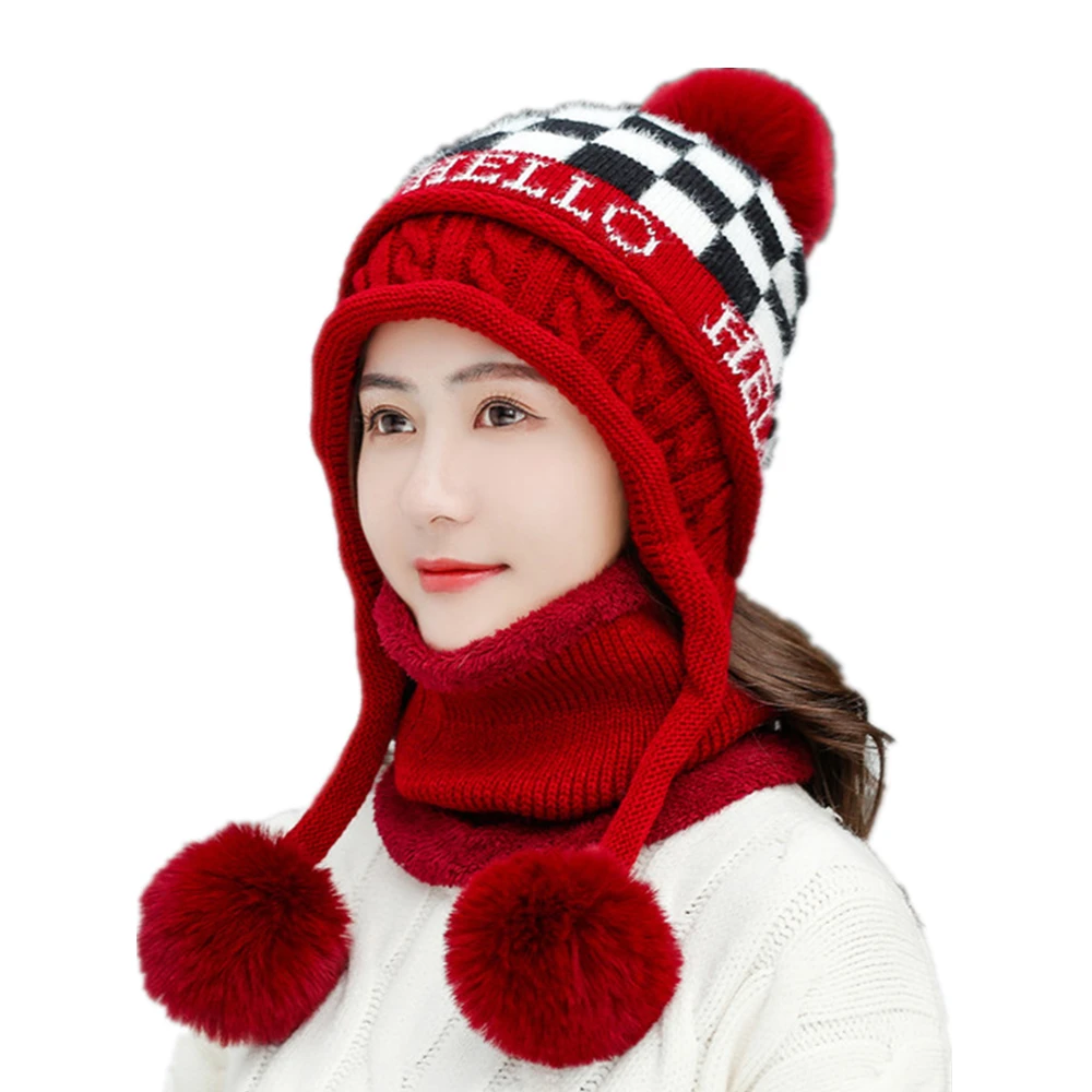 

2023 New Winter Hat Women Wool Warm Knit Beanie Skullies Hats Female Cute Hair Ball Knitted Bib Hat Ear Protection Bonnet Caps
