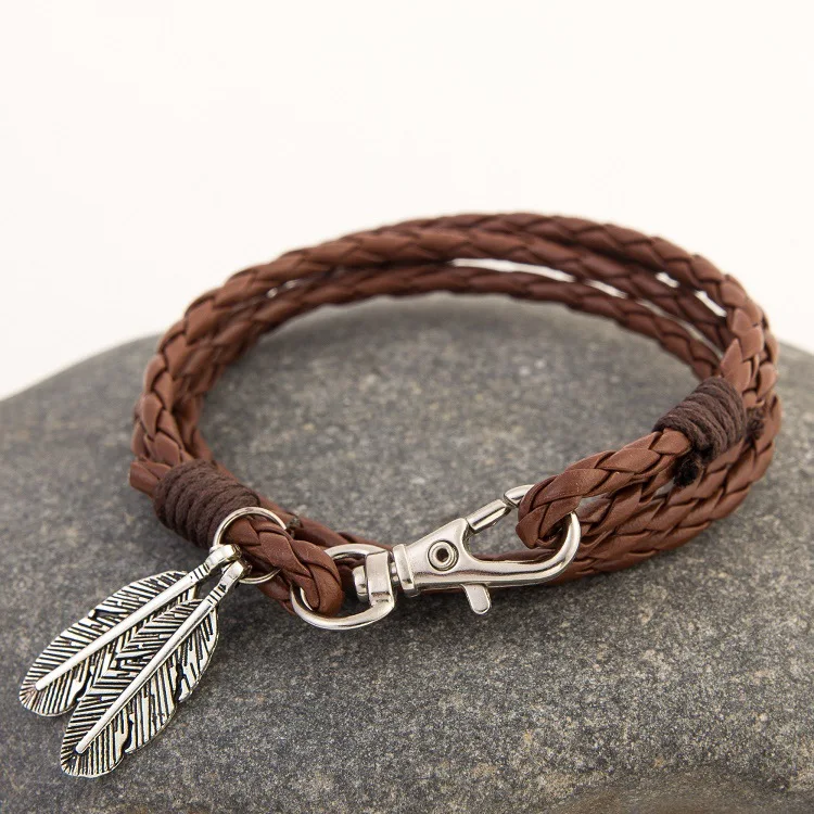 

Hot bracelet multicolor handmade braided leather bracelet with leaves style charm bracelet for women and men