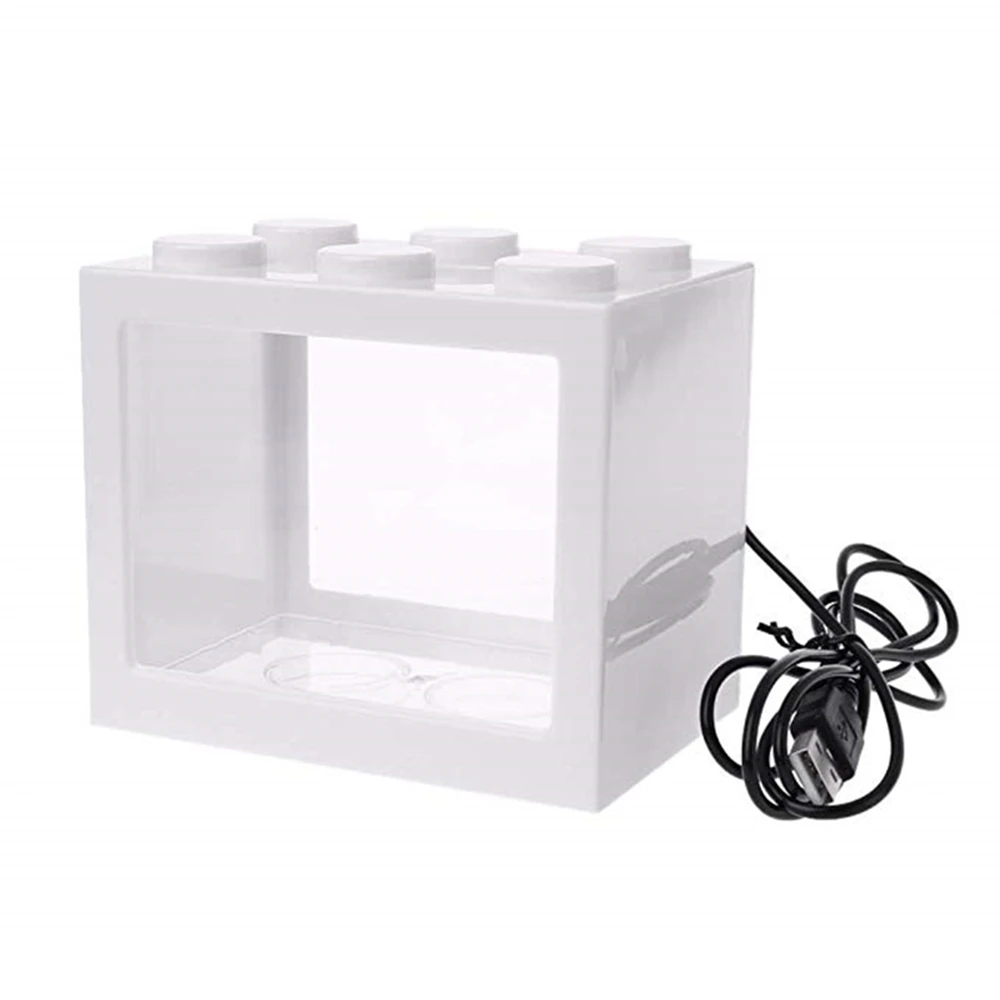 2 Mini Bettas Fish Tank LED Aquarium Mini Fish Bowls Block Reptile Box USB Charger Office Table Decoration Ocean Betta Turtle Box