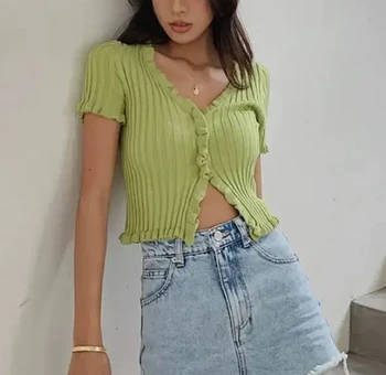 Ruffled v-neck Solid Color women knit Cardigan short sleeve lady knitted Cardigan short sweater tops 2020 new
Ruffled v-neck Solid Color women knit Cardigan short sleeve lady knitted Cardigan short sweater tops 2020 new