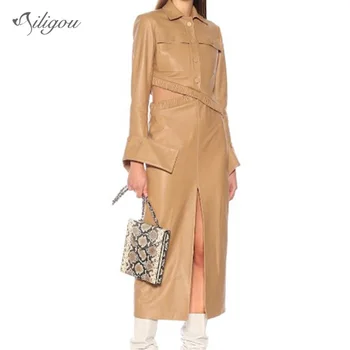 Ailigou2019 Autumn Ladies Two-Piece Dress Celebrity Club Party Sexy Bodycon Lapel Horns Pu Leather Long-Sleeved Split Dress 
Ailigou2019 Autumn Ladies Two-Piece Dress Celebrity Club Party Sexy Bodycon Lapel Horns Pu Leather Long-Sleeved Split Dress
