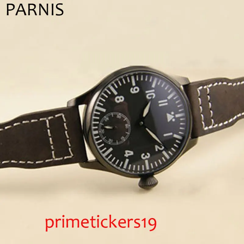 

PVD coated case PARNIS 44mm black sterile dial 6498 hand winding movement leather strap