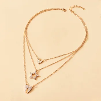TN-163 Fashion Full Rhinestone Star Heart Angel Wing Pendant Necklaces for Women Girl Gold Color Metal 3 Layed Choker Necklace
TN-163 Fashion Full Rhinestone Star Heart Angel Wing Pendant Necklaces for Women Girl Gold Color Metal 3 Layed Choker Necklace