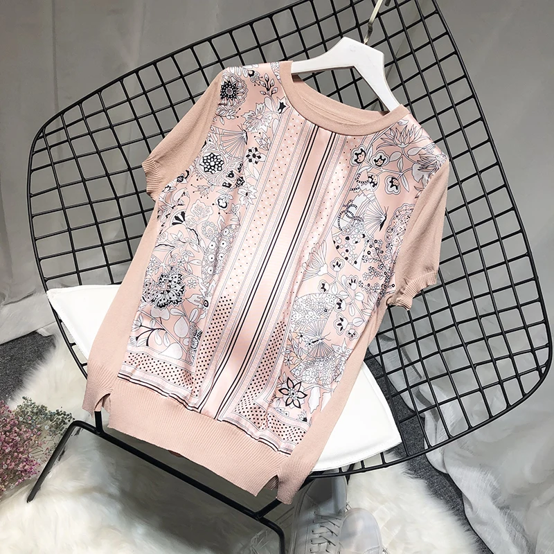 New Designer Brand Chiffon T Shirt Women Vintage Ladies Streetwear O Neck Satin Flower Print Splice Knitted Loose Tshirts
New Designer Brand Chiffon T Shirt Women Vintage Ladies Streetwear O Neck Satin Flower Print Splice Knitted Loose Tshirts