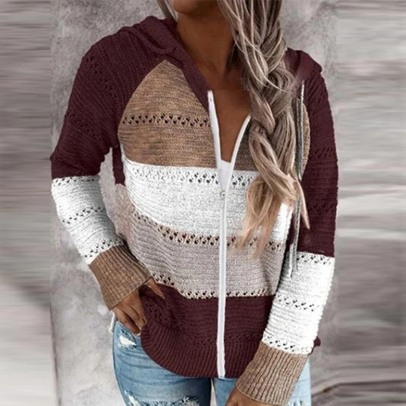 Women Autumn Long Sleeve Sweaters Full Zip Up Hooded Drawstring Jacket Color Block Striped Hollow Out Knitted Loose Cardigan
Women Autumn Long Sleeve Sweaters Full Zip Up Hooded Drawstring Jacket Color Block Striped Hollow Out Knitted Loose Cardigan