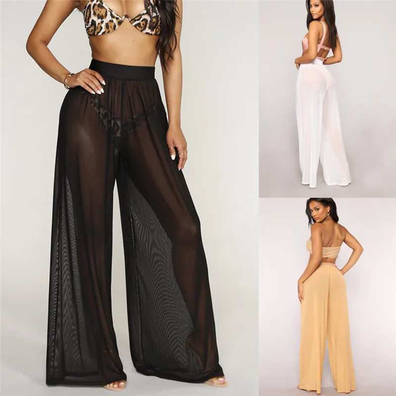 

Women's Boho High Waist Flare Wide Leg Cover-Up Trousers Beach Long Loose See Throug Mesh Sheer Pants Bikini Bottom Beachwear