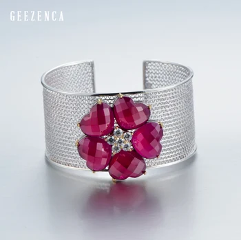 925 Silver Gemstones Handmade Craft Wide Bangle with Red Corundum Zircon Heart-shaped Flower Big Bangles Fine Jewelry for Women
925 Silver Gemstones Handmade Craft Wide Bangle with Red Corundum Zircon Heart-shaped Flower Big Bangles Fine Jewelry for Women
