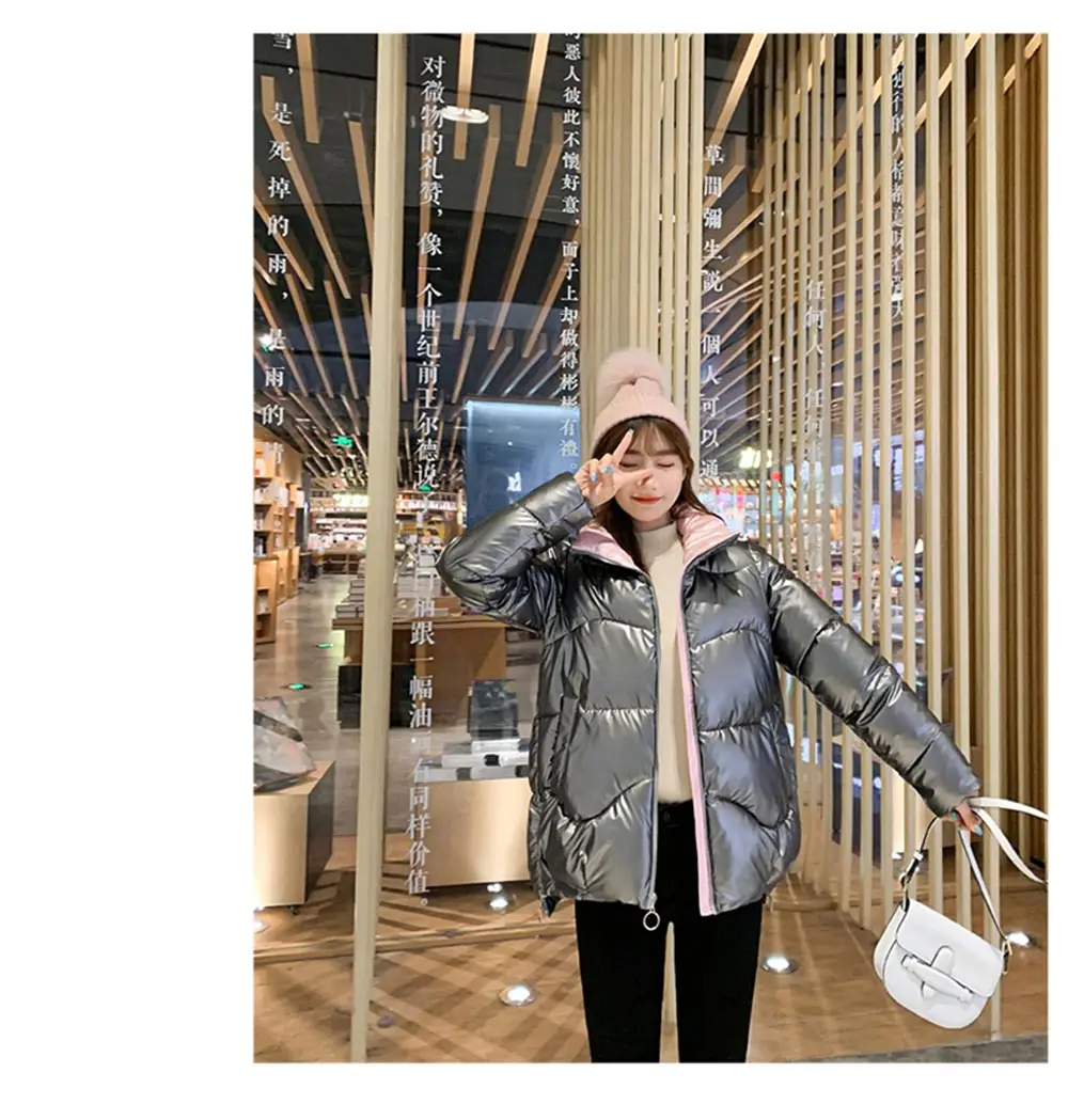 PinkyIsBlack 2020 Autumn Womens Winter Coats Fashion Glossy Stand Collar Parkas Winter Jacket Women Shinny Padded Cotton Coat