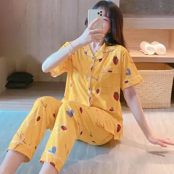 Pajamas Set Summer Women Cardigan Short-sleeved Trousers Cute Cartoon Sweet Large Size Loose Home Clothing
Pajamas Set Summer Women Cardigan Short-sleeved Trousers Cute Cartoon Sweet Large Size Loose Home Clothing