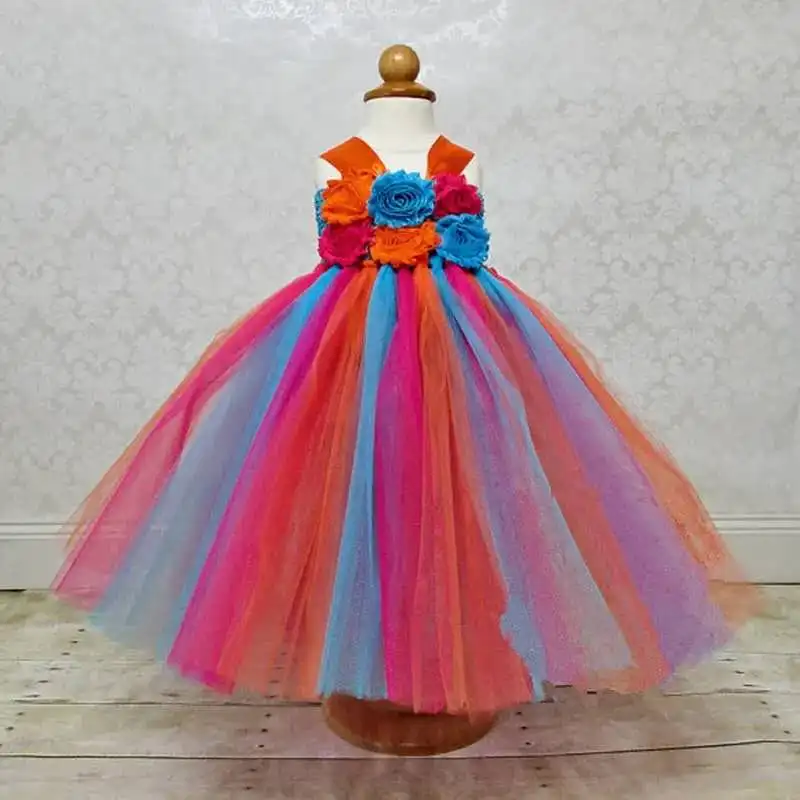 

Rainbow Color Tutu Long Dress Baby Girls Crochet Tulle Dress Ball Gown with Shabby Flowers Children Wedding Party Costumes Dres