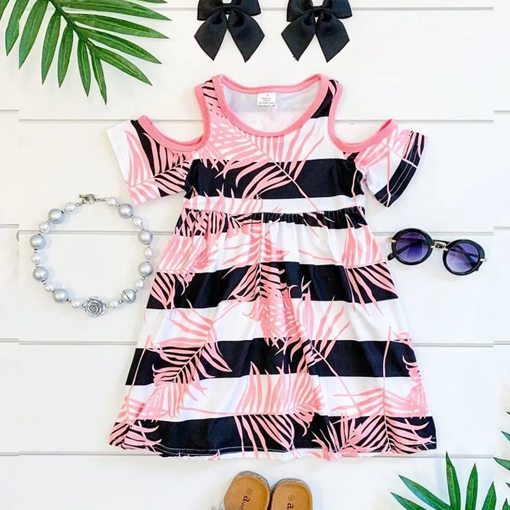 Fashion 2019 Clothes Toddler Kids Baby Dress Girl Princess Coral Tropical Stripe Floral O-neck Knee-Length Outfits | Детская одежда и