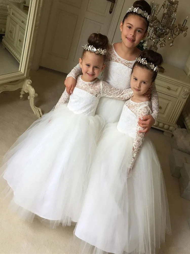 Белое Цветочное платье для девочек на свадьбу с длинным рукавом кружевное