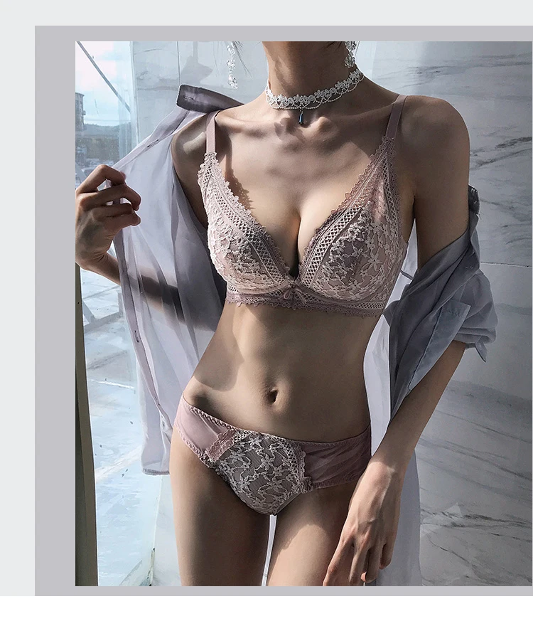 CINOON New Top Sexy Bra set Women's push up Lace Underwear Set Embroidery Jacquard Underwear Panties Deep V Gather Lingerie Set (9)