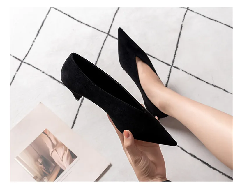 Spring Autumn Tip V Mouth Women Pumps Shoes Pu Leather Flock Grandma Office Ladies Shoes Small Thin Heels Slip On Women`s Shoes (14)