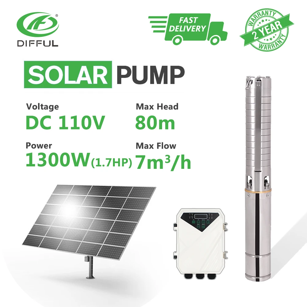 

4" DC Deep Well Solar Water Pump 110V 1300W MPPT Controller Stainless Steel Impeller Bore Hole (Max Head 80m, Flow 7T/H)
