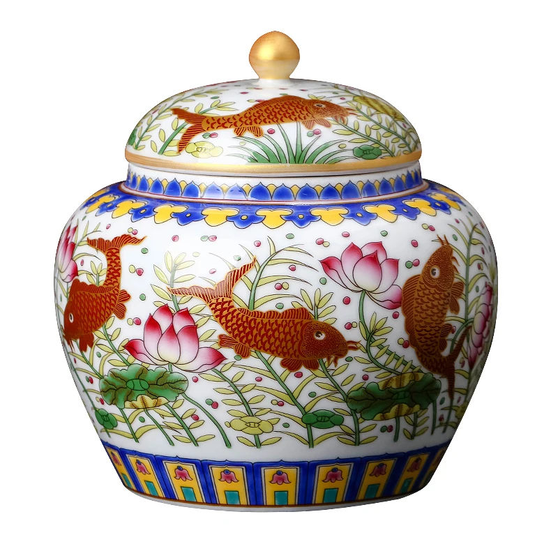 

Qianlong's Year Mark Enamel Painted Gold Lotus Pond Fish Pattern Tea Pot Antique Porcelain Jar