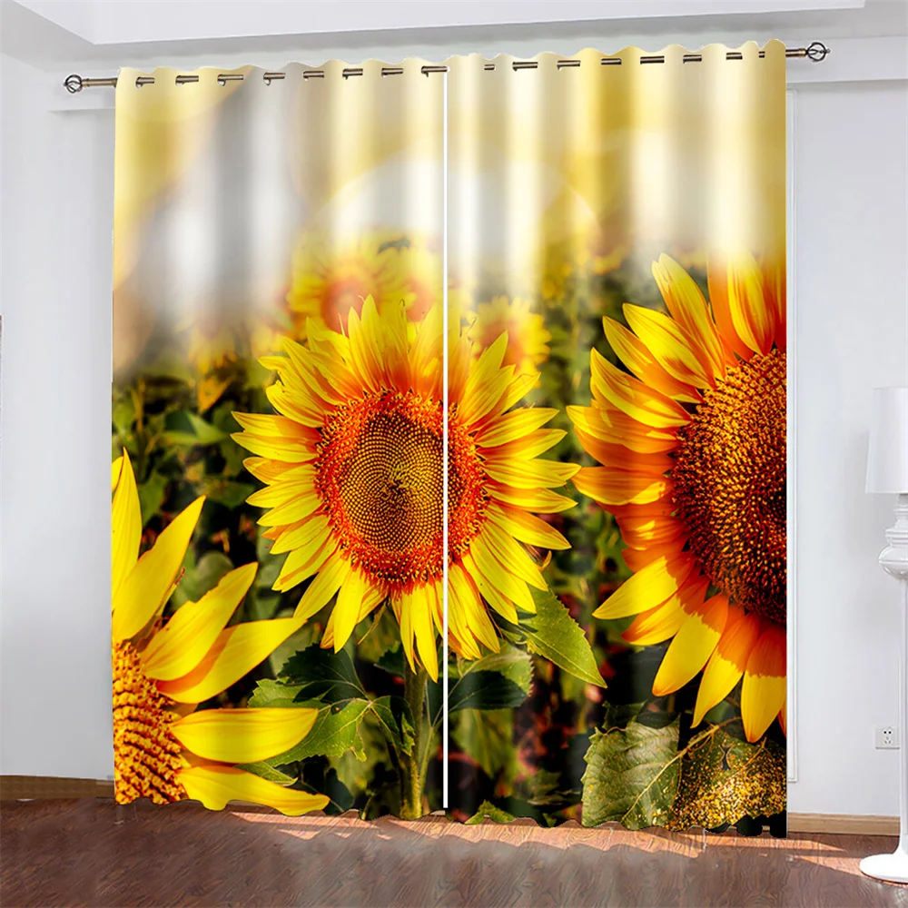 

Sunflower Printed Woven Curtains Bedroom Blackout Curtains with Two Independent Curtains on The Left and Right