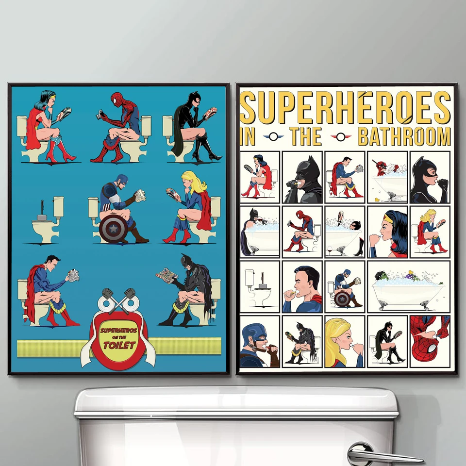 

Canvas Posters Superheros in the Bathroom Toilet Prints Cartoon Painting Wall Pictures for Kids Nursery Nordic Style Home Decor