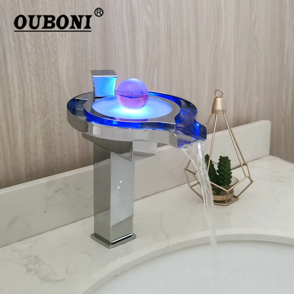 

OUBONI Bathroom Chrome Waterfall LED Basin Faucet Water Tap New L-18 Sink Mixer Vanity Vessel Sinks Mixers Taps Faucets Torneira